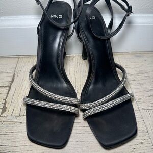 Black Heeled Sandals with Rhinestone Straps